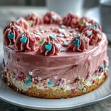 Sliced wedge of Candy Hearts Fake Cake revealing silky cheesecake filling on a buttery graham cracker crust.