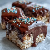 Rich chocolate topped Rice Krispy treats cut into squares, served on a rustic wooden board for sharing.