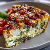 A golden, fluffy spinach and feta frittata loaded with sun-dried tomatoes, perfect for a healthy brunch or light dinner.