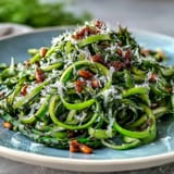 Fresh shaved asparagus salad with lemon and Parmesan, vibrant green ribbons tossed in a zesty citrus dressing for a light, refreshing side dish.