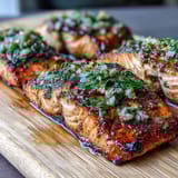 Freshly grilled Cedar Plank Salmon with Garlic Dill, tender and fragrant, served with lemon slices and dill garnish.  