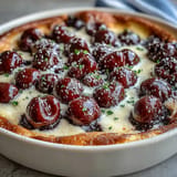 Rustic French Fresh Cherry Clafoutis, golden brown, dusted with powdered sugar.