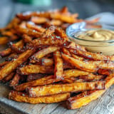 Golden, crispy air fryer sweet potato fries waiting to be dipped in smoky aioli.