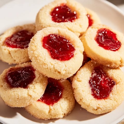 Close-up of freshly baked Thumbprint Cookies, showcasing a perfect combination of texture and flavor.