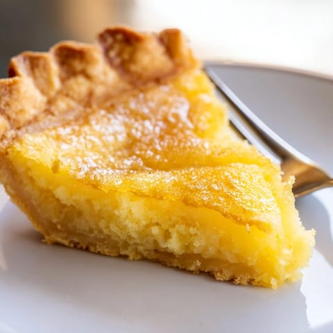 Golden-brown Chess Pie, baked to perfection with a flaky crust, ready to enjoy.