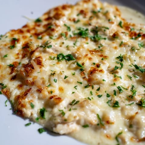 A close-up slice of Chicken Alfredo Pizza, showcasing melted mozzarella and Parmesan on a crisp, golden-brown crust.