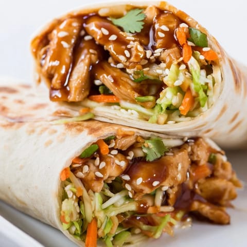 A close-up of a teriyaki chicken wrap garnished with sesame seeds and cilantro, ready for a quick lunch or dinner.  
