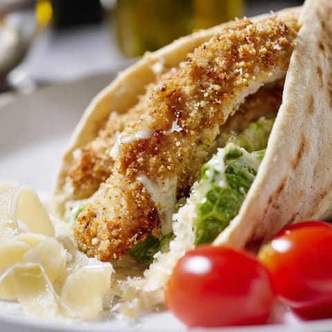 Savory Crispy Chicken Caesar Pita with air-fried chicken, Parmesan, and a drizzle of extra dressing.  