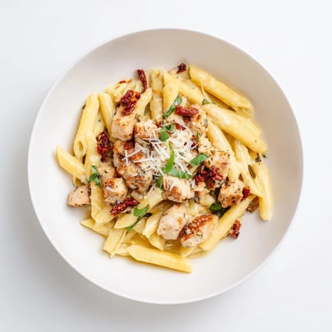 A comforting bowl of Creamy Sun-Dried Tomato Chicken Pasta garnished with fresh basil and melted Parmesan, perfect for a weeknight dinner.