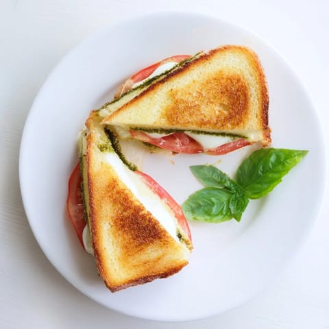 A close-up of a golden-brown grilled cheese with vibrant red tomatoes, white mozzarella, and green pesto, served on a rustic wooden board.