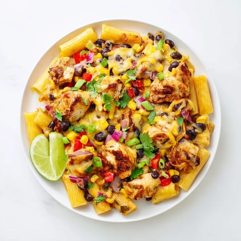 Crispy Chicken Burrito Pasta served hot from the pan, topped with fresh cilantro, sour cream, and lime.