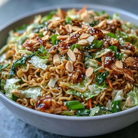 Vibrant Crunchy Ramen Chicken Salad featuring tender chicken, crisp slaw, and toasted nuts.