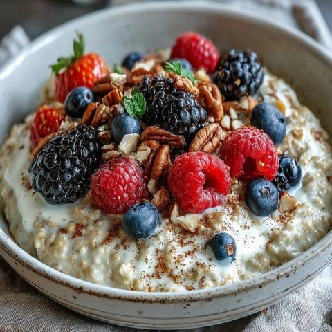 Creamy millet porridge topped with fresh berries, nuts, and chia seeds, served in a rustic bowl for a cozy morning breakfast.  