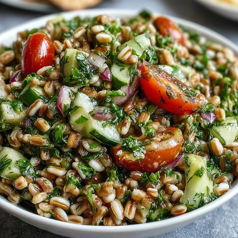 A vibrant bowl of Barley and Herb Salad showcases chewy pearl barley mixed with fresh parsley, mint, and dill, tossed with diced cucumber and cherry tomatoes in a glistening lemon vinaigrette.