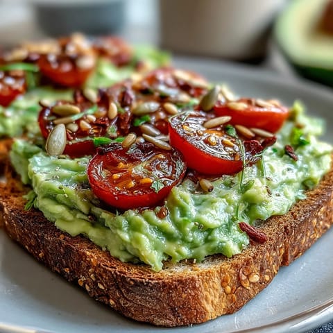 Sliced avocado toast on whole grain bread garnished with feta, tomato, and red pepper flakes on a rustic plate.