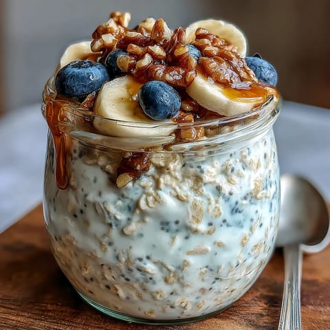 Visually appealing Overnight Oats With Chia Seeds layered in a glass jar with almond butter drizzle and crunchy walnut pieces.  