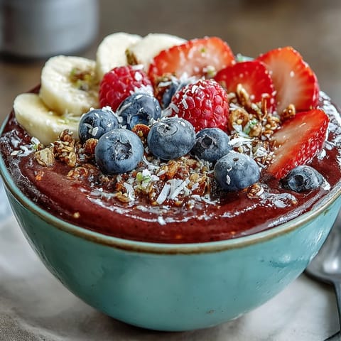 Thick, deep purple acai berry smoothie bowl topped with fresh berries, crunchy granola, and toasted coconut flakes, offering a nourishing and energizing morning meal.