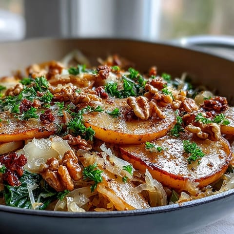 Skillet of warm Apple and Sauerkraut Salad with wilted greens, topped with crunchy toasted walnuts for texture.