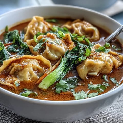 Simmering red curry wonton soup with vibrant greens and fluffy wontons in a rich, aromatic broth.