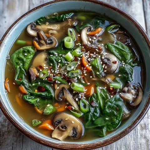 A steaming bowl of Miso Ginger Winter Soup with carrots, mushrooms, and fresh green onions.