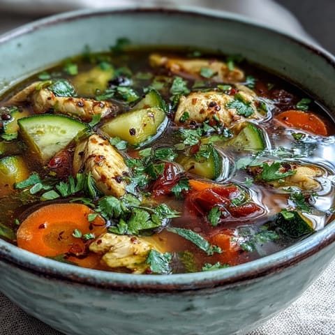 Golden turmeric chicken soup with tender chicken, carrots, and fresh cilantro in a steaming bowl.