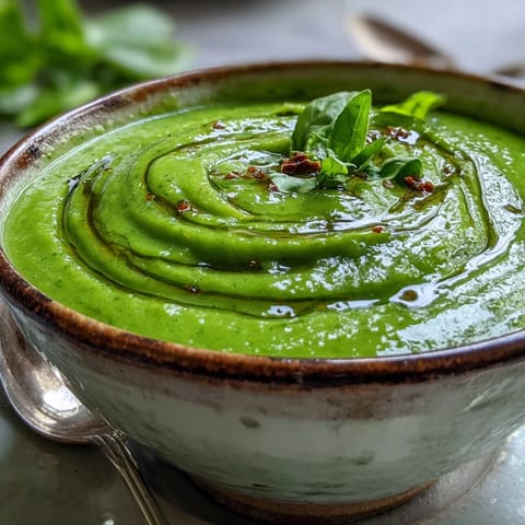 Creamy Courgette, Pea and Pesto Soup garnished with fresh basil in a rustic bowl.