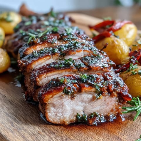 Golden-brown roasted Ibérico pork fillet with crispy potatoes and caramelized red peppers on a rustic platter.