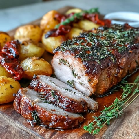 Sliced marinated Ibérico pork fillet plated with roasted potatoes and sweet red peppers for a Spanish dinner.