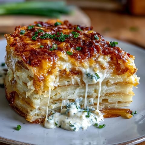 Golden-brown Cheese and Potato Pie slices reveal creamy layered potatoes and bubbling Gruyère and cheddar cheese filling.