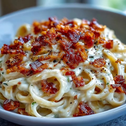 Creamy celeriac carbonara topped with crispy pancetta and Parmesan, served warm on a rustic plate.