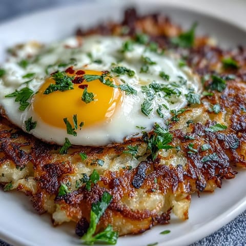 Celeriac Rösti with Harissa Yogurt and Fried Eggs served golden-crisp, topped with creamy spicy sauce and a sunny-side-up egg on a white plate.