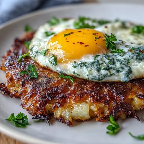 Celeriac Rösti with Harissa Yogurt and Fried Eggs, a gluten-free vegetarian brunch platter with bright harissa swirls and fresh parsley garnish.