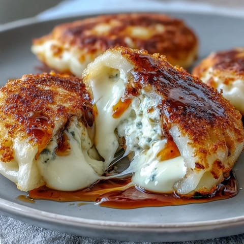 Chīzu Imomochi dumplings pan-fried to perfection, revealing a gooey melted mozzarella cheese pull.