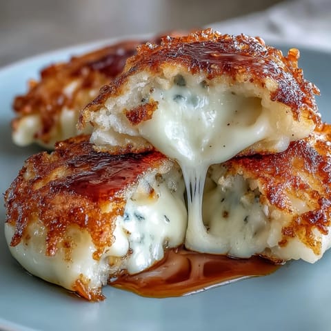 Golden-brown Chīzu Imomochi glazed with sticky soy-honey sauce, served warm on a plate.