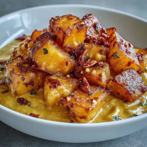 Golden roasted celeriac chunks simmer in a creamy coconut curry sauce, garnished with fresh cilantro and lime.