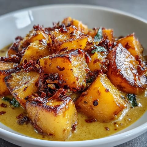Roasted celeriac cubes in a spicy curry sauce served hot over fluffy basmati rice.