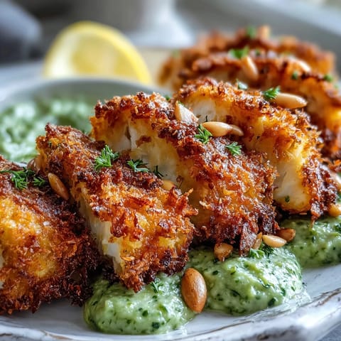 Golden-brown haddock goujons with a crispy Parmesan crust sit beside bright green pea pesto on a white plate.