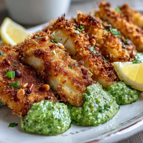 A close-up shows crunchy panko-coated haddock goujons with Parmesan crust served over pea pesto and lemon wedges.