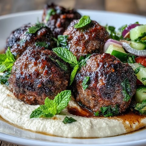 Spiced venison meatballs are plated beside crisp salad greens and smooth hummus, perfect for a healthy weeknight meal.