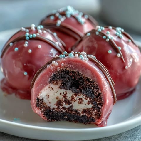 Chilled Oreo Truffle Balls with a pink candy coating and sprinkles on a white plate.