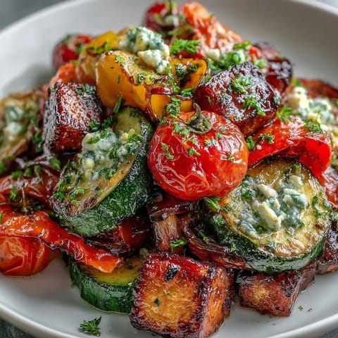 Fork-tender roasted Mediterranean Greek vegetables, bursting with zesty lemon and herbs on a baking sheet.