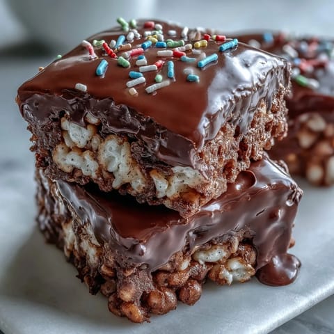Chocolate Covered Rice Krispy Treats with melted chocolate, gooey marshmallow, and colorful sprinkles on a white plate.