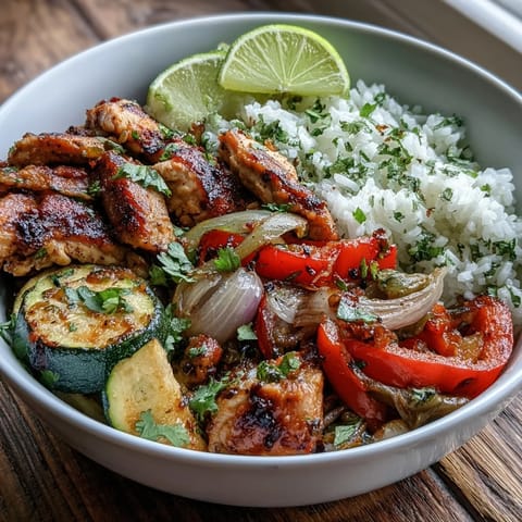 Golden-brown Sheet Pan Fajita Bowls with roasted chicken, peppers, and onions over fluffy rice, garnished with fresh cilantro.