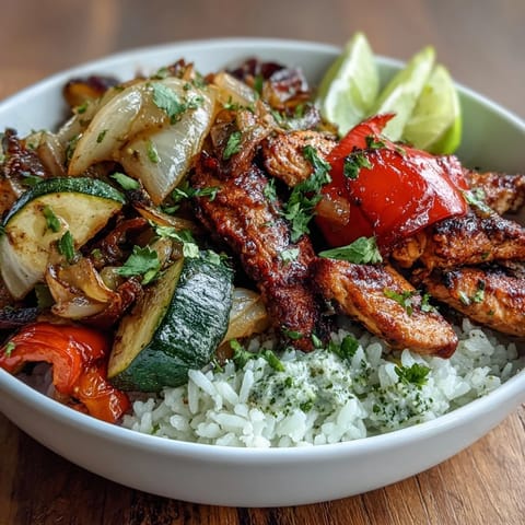 A close-up view of a vibrant Sheet Pan Fajita Bowl featuring juicy chicken strips and charred vegetables topped with avocado.