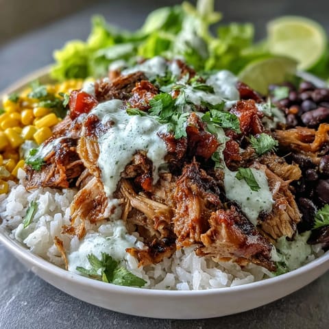 Vibrant carnitas burrito bowl piled high with tender pork, rice, beans, and fresh toppings.