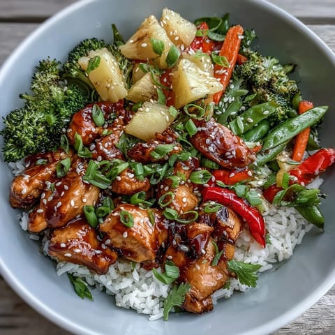 Teriyaki Chicken and Rice Bowl with glazed chicken, fluffy rice, crisp veggies, and fresh pineapple garnish on a plate.