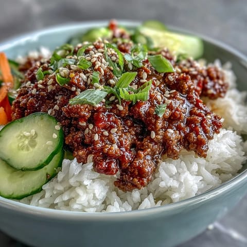 Easy Korean Beef Bowl with ground beef, fresh cucumber, carrots, and sesame seeds over fluffy white rice in a ceramic bowl.