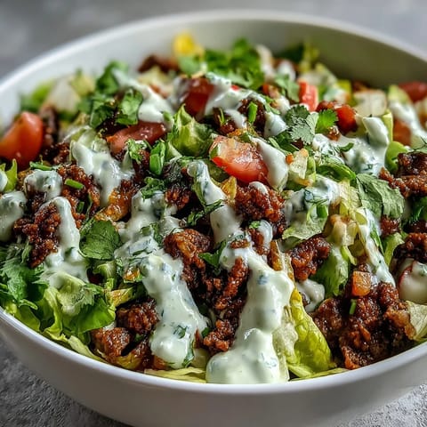 Fork-tender seasoned ground beef layered over crisp romaine lettuce in a Healthy Taco Bowl.