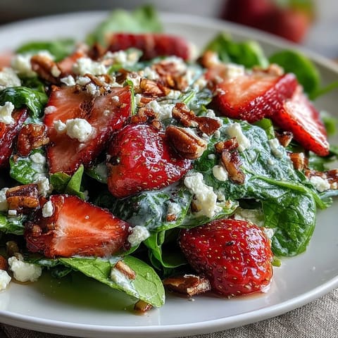 Fresh strawberry spinach salad with poppyseed dressing, bursting with juicy berries, creamy feta, and crunchy almonds in a vibrant green bowl.