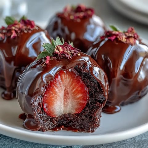 Dubai-style strawberry truffles with dark chocolate shell, dusted with crushed pistachios and rose petals for a luxurious Middle Eastern treat.